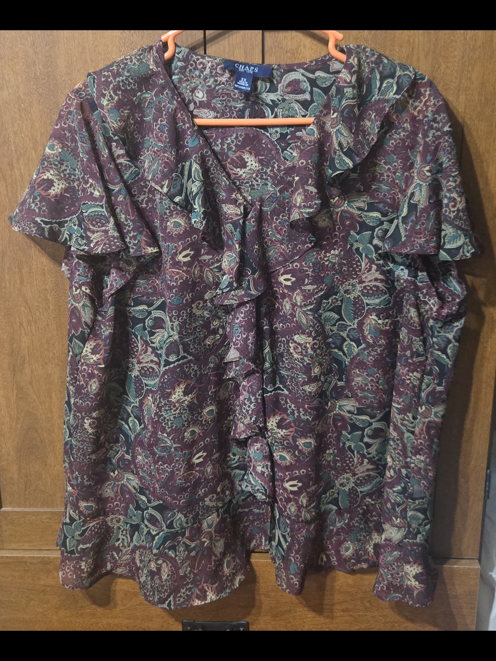 Chaps Burgundy and Green Paisley Ruffle Neck Top